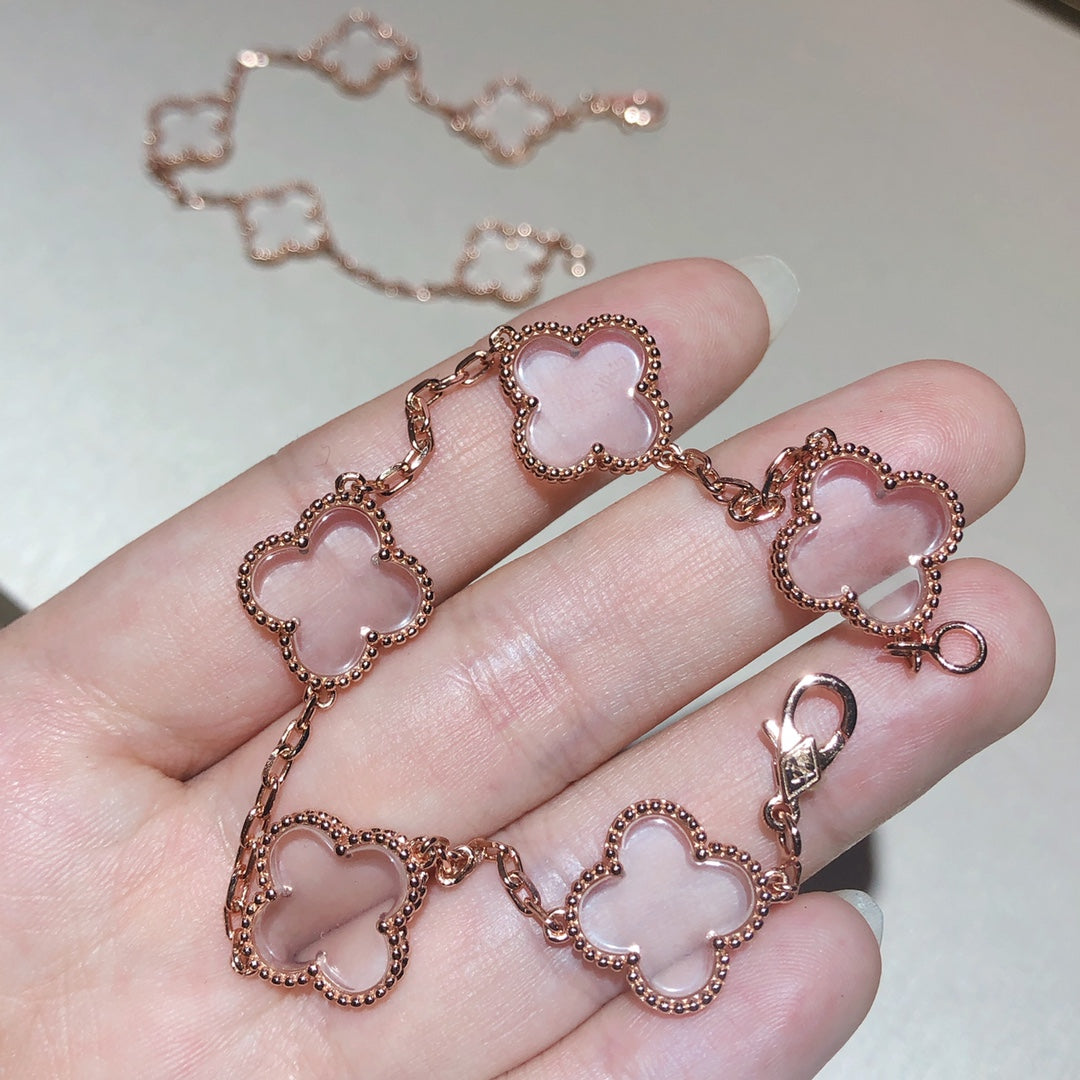 [Elitejewels]CLOVER 5 MOTIF ROCK CRYSTAL PINK GOLD BRACELET