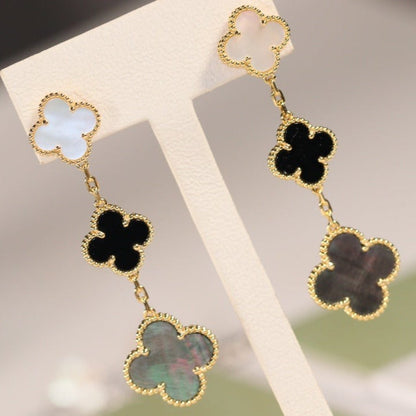 [Elitejewels]CLOVER EARRINGS GOLD ONYX MOP 3 MOTIF