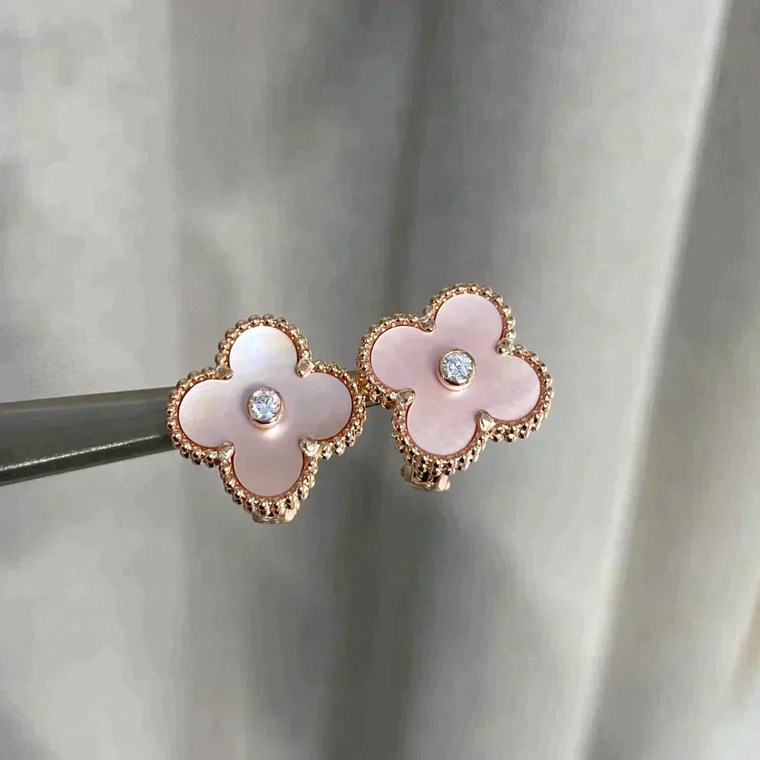 [Elitejewels]CLOVER MEDIUM 1 MOTIFS  PINK MOP DIAMOND EARRINGS