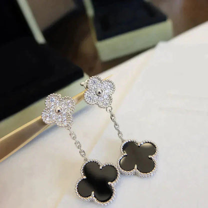 [Elitejewels]CLOVER 2 MOTIFS  DIAMOND ONYX EARRINGS SILVER