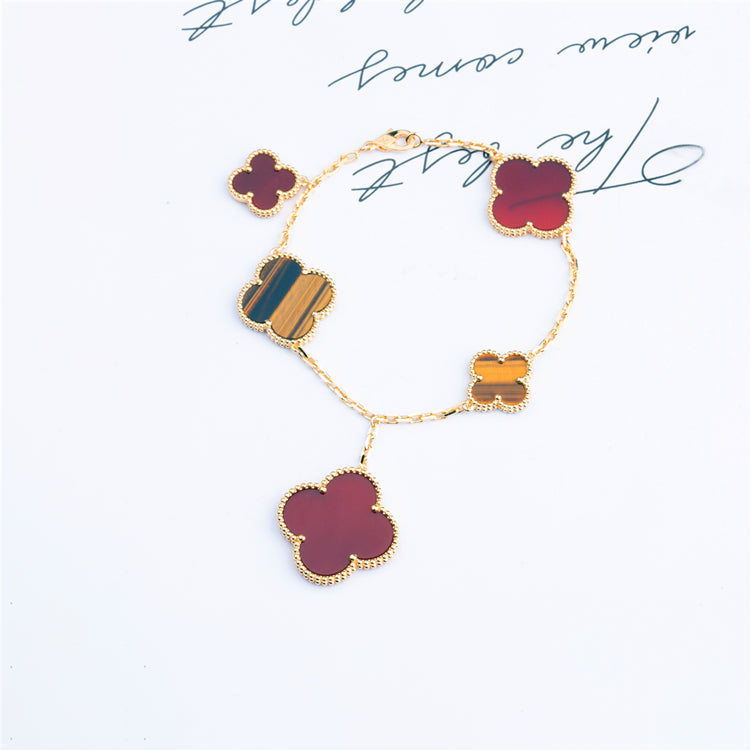 [Elitejewels]CLOVER BRACELET 5 MOTIFS CARNELIAN TIGER EYE