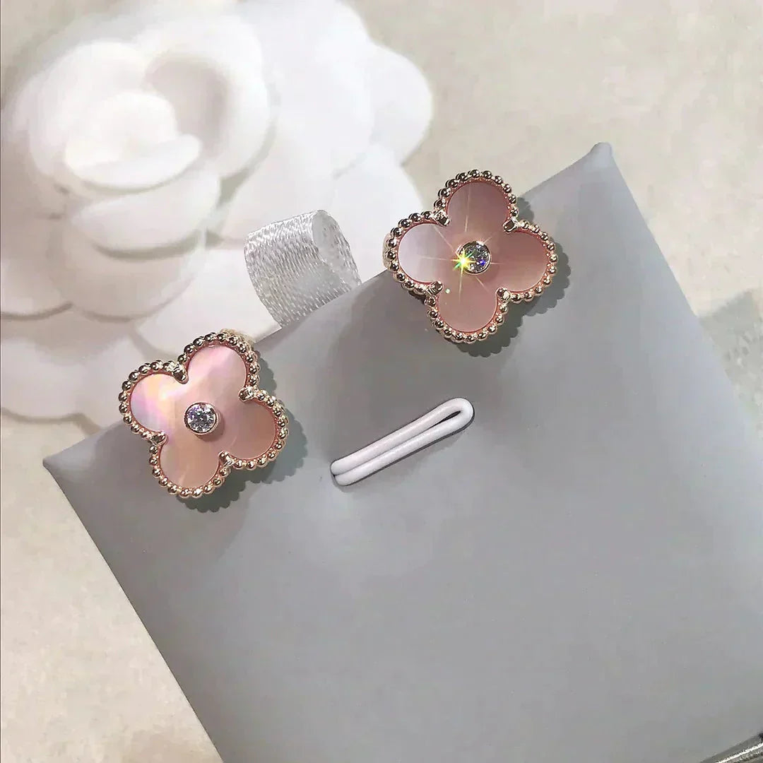 [Elitejewels]CLOVER MEDIUM 1 MOTIFS  PINK MOP DIAMOND EARRINGS