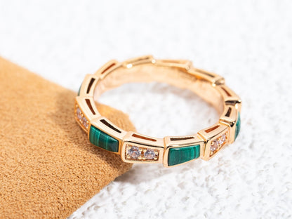 [Elitejewels]SERPENTI RING PINK GOLD MALACHITE DIAMOND 3MM