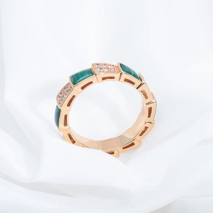 [Elitejewels]SERPENTI RING PINK GOLD MALACHITE DIAMOND PAVED 4MM