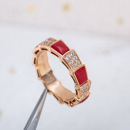 [Elitejewels]SERPENTI RING PINK GOLD CARNELIAN DIAMOND PAVED 4MM