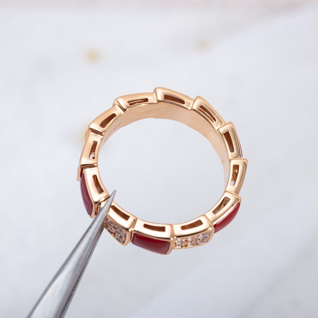 [Elitejewels]SERPENTI RING PINK GOLD CARNELIAN DIAMOND PAVED 4MM