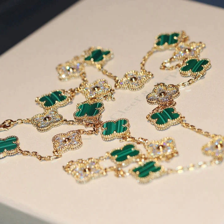 [Elitejewels]CLOVER 20 MOTIFS MALACHITE DIAMOND NECKLACE