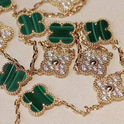 [Elitejewels]CLOVER 20 MOTIFS MALACHITE DIAMOND NECKLACE