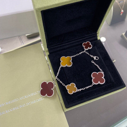 [Elitejewels]CLOVER 5 MOTIFS SIVLER CARNELIAN TIGER EYE BRACELET