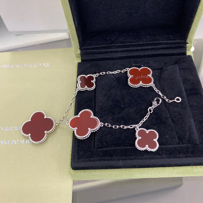 [Elitejewels]CLOVER 5 MOTIFS SIVLER CARNELIAN BRACELET