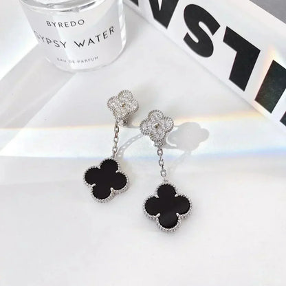 [Elitejewels]CLOVER 2 MOTIFS  DIAMOND ONYX EARRINGS SILVER