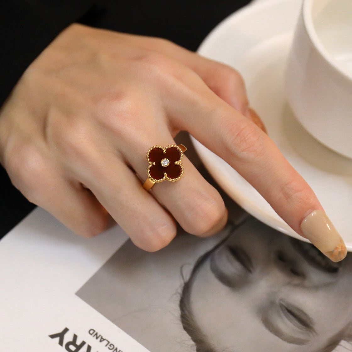 [Elitejewels]CLOVER CARNELIAN RING ROSE GOLD DIAMOND