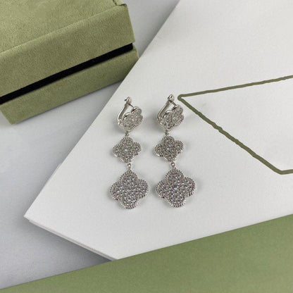 [Elitejewels]CLOVER 3 MOTIF DIAMOND SILVER DROP EARRINGS