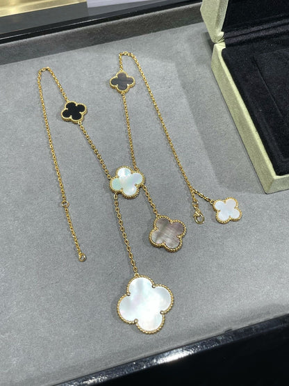 [Elitejewels]CLOVER 6 MOTIF MOP ONYX GOLD NECKLACE