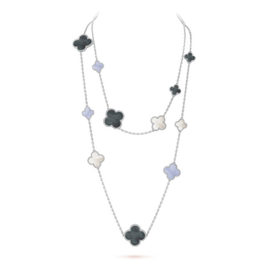 [Elitejewels]CLOVER 16 MOTIF CHALCEDONY MOP SILVER NECKLACE