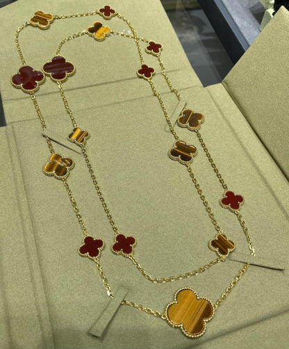 [Elitejewels]CLOVER 16 MOTIF CARNELIAN TIGER EYE ROSE GOLD NECKLACE