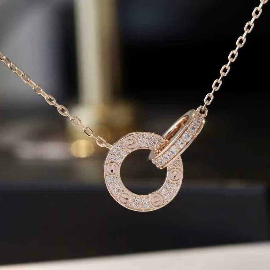 [Elitejewels]LOVE 7.6MM NECKLACE ROSE GOLD AND SILVER  FULL DIAMOND