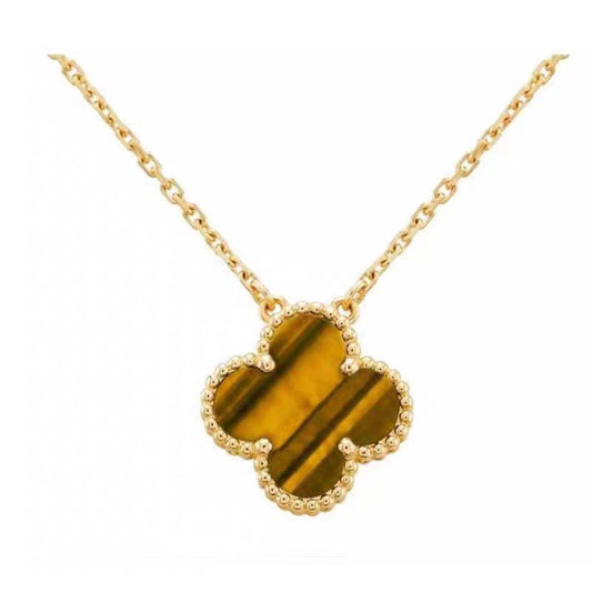 [Elitejewels]CLOVER 15MM YELLOW TIGER'S EYE AGATE NECKLACE