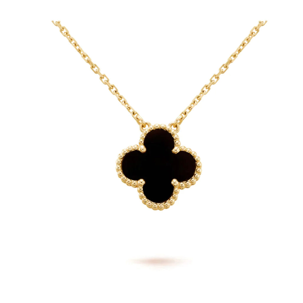 [Elitejewels]CLOVER 15MM BLACK ONYX SINGLE FLOWER NECKLACE