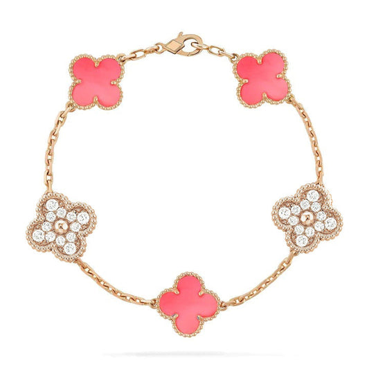 [Elitejewels]CLOVER 5 MOTIF DIAMOND PINK MOP PINK GOLD BRACELET