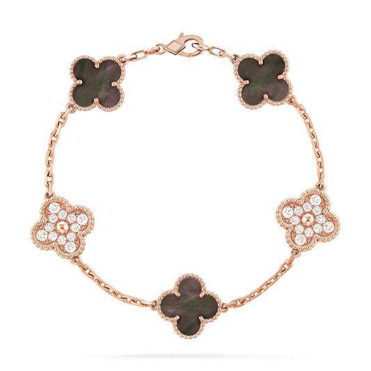 [Elitejewels]CLOVER 5 MOTIFS DARK MOP AND DIAMONDS PINK GOLD BRACELET