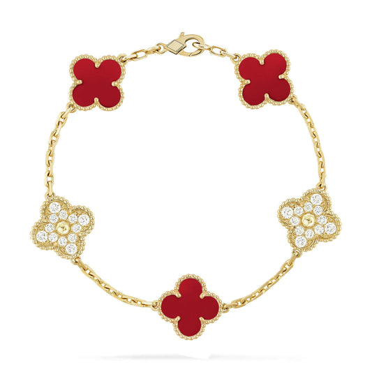 [Elitejewels]CLOVER 5 MOTIFS CARNELIAN DIAMOND BRACELET