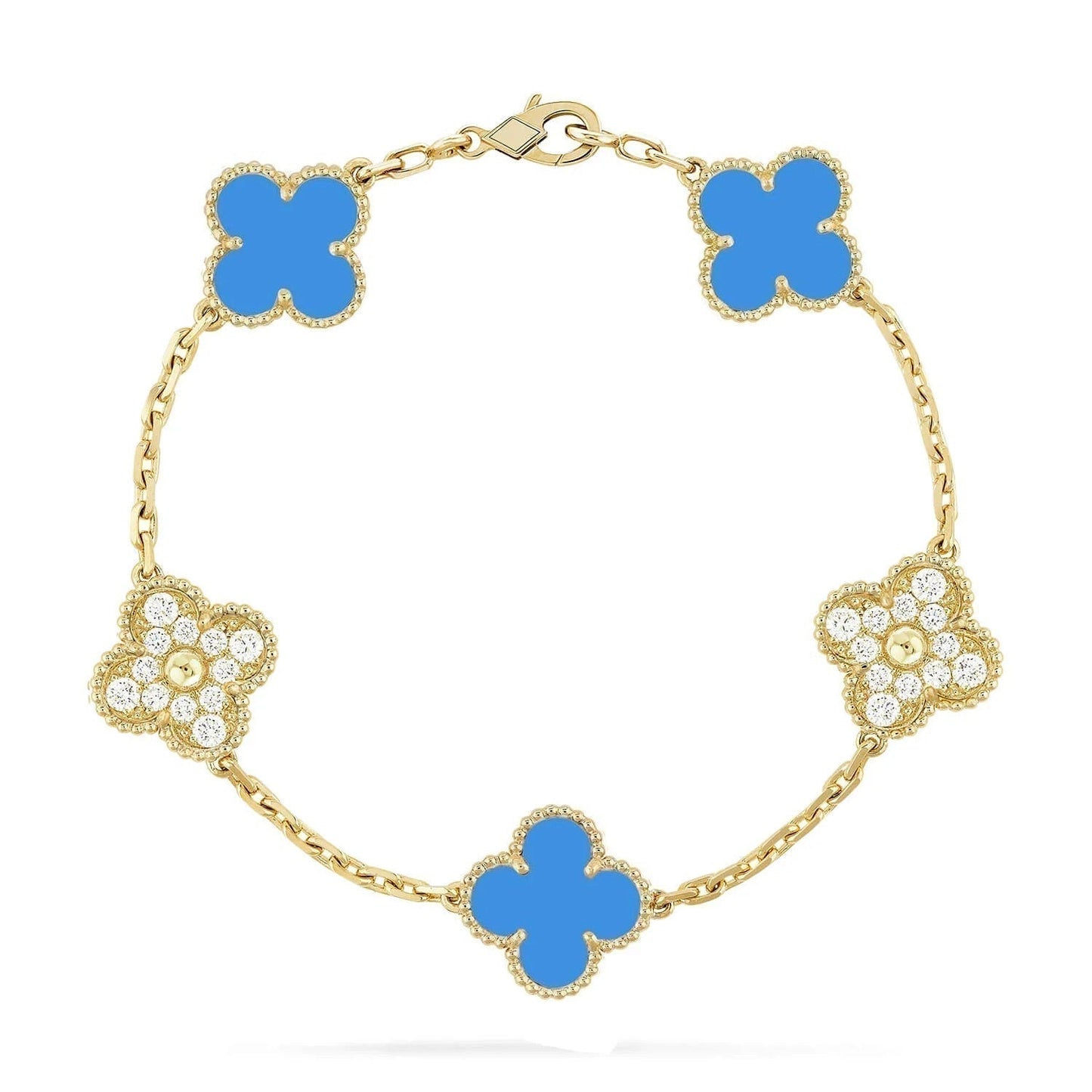 [Elitejewels]CLOVER 5 MOTIF BLUE CHALCEDONY DIAMOND GOLD BRACELET