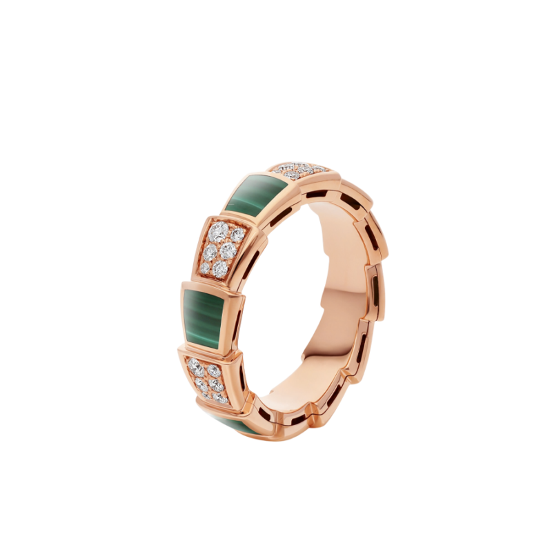 [Elitejewels]SERPENTI RING PINK GOLD MALACHITE DIAMOND PAVED 4MM