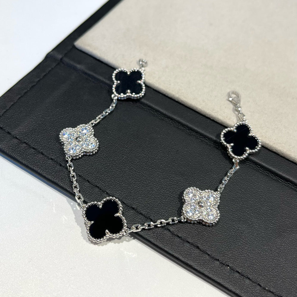 [Elitejewels]クローバー 5モチーフ オニキス ダイヤモンド ブレスレット シルバー