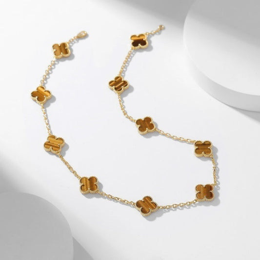 [Lucky Star]CLOVER 10 MOTIFS TIGER EYE NECKLACE