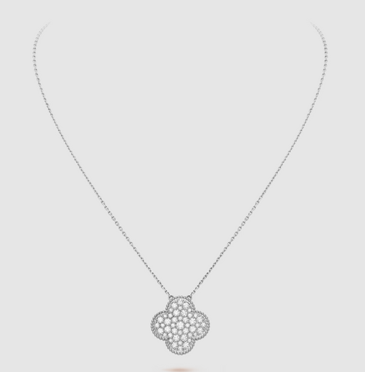 [Elitejewels]CLOVER 25MM LARGE PENDANT DIAMOND PAVED SILVER NECKLACE