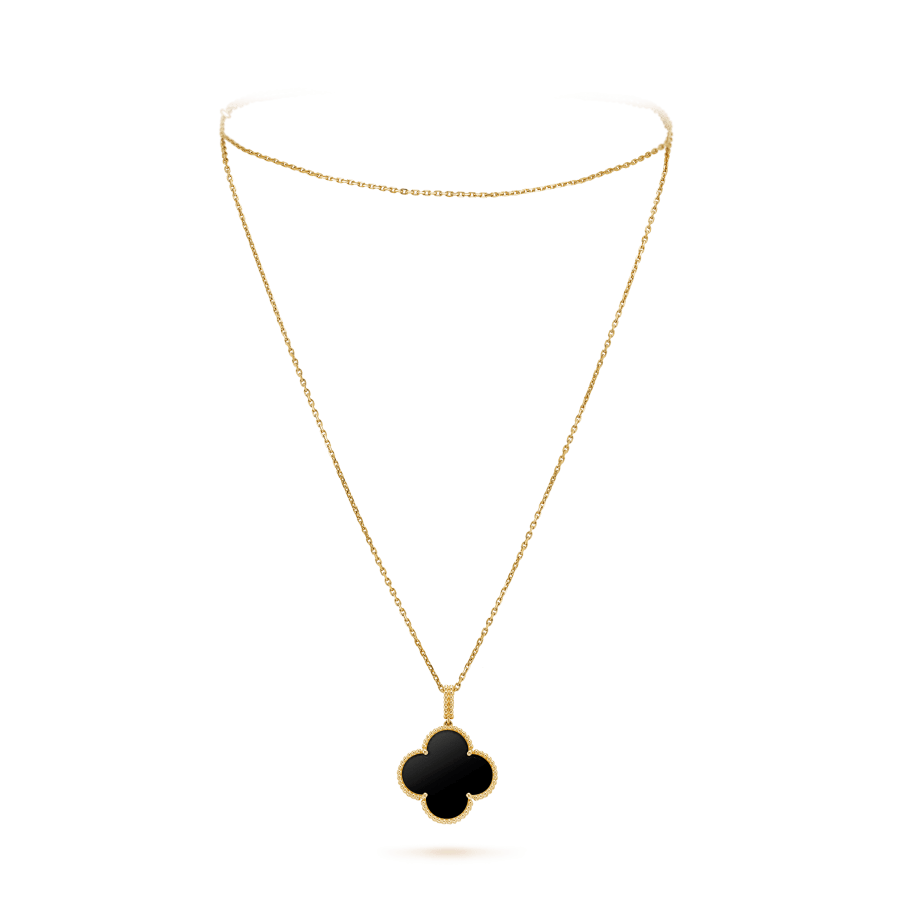 [Elitejewels]CLOVER 25MM GOLD ONYX BIG CLOVER NECKLACE