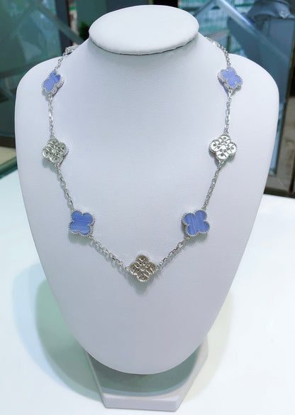 [Elitejewels]CLOVER 10 MOTIFS CHALCEDONY DIAMONDS SILVER NECKLACE