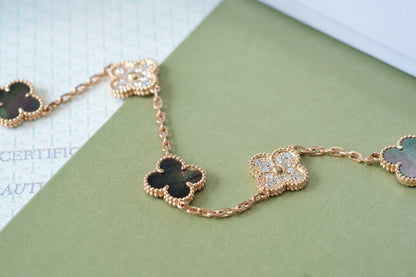 [Elitejewels]CLOVER 5 MOTIFS DARK MOP AND DIAMONDS PINK GOLD BRACELET