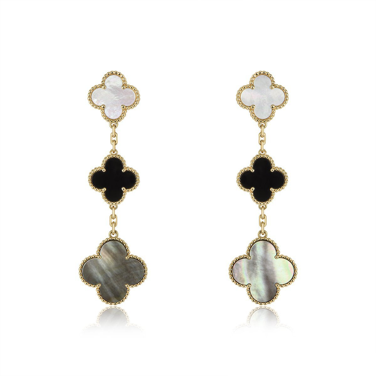 [Elitejewels]CLOVER EARRINGS GOLD ONYX MOP 3 MOTIF