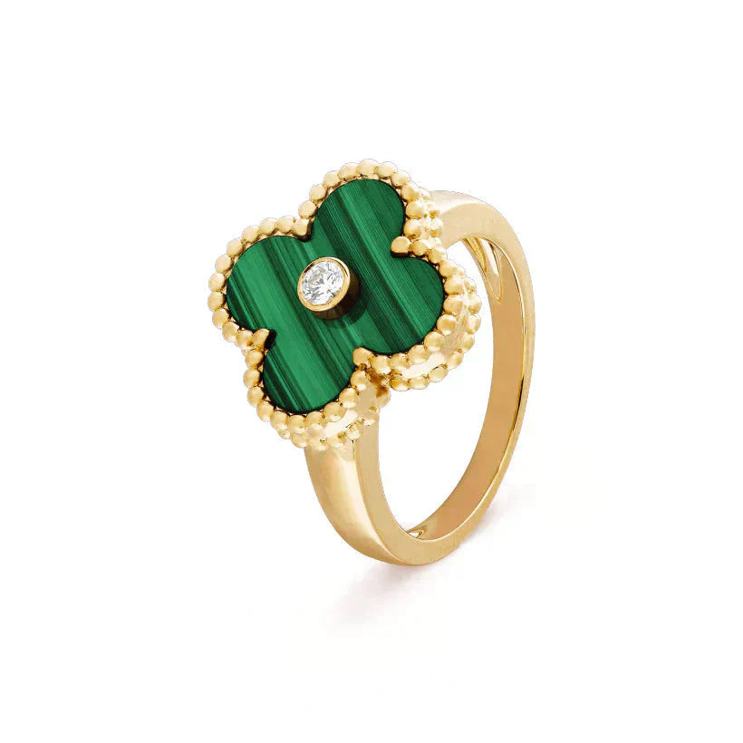 [Elitejewels]CLOVER MALACHITE RING GOLD DIAMOND